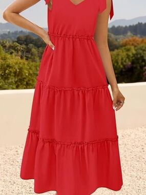Women's Red Tiered Maxi Dress with Tie Shoulder Straps
